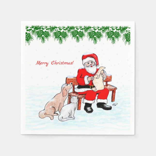 Merry Christmas - Santa Claus with Cat and Dog Napkin (Front)