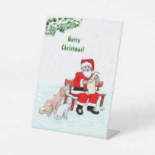 Merry Christmas! Santa Claus with Cat and Dog Pedestal Sign