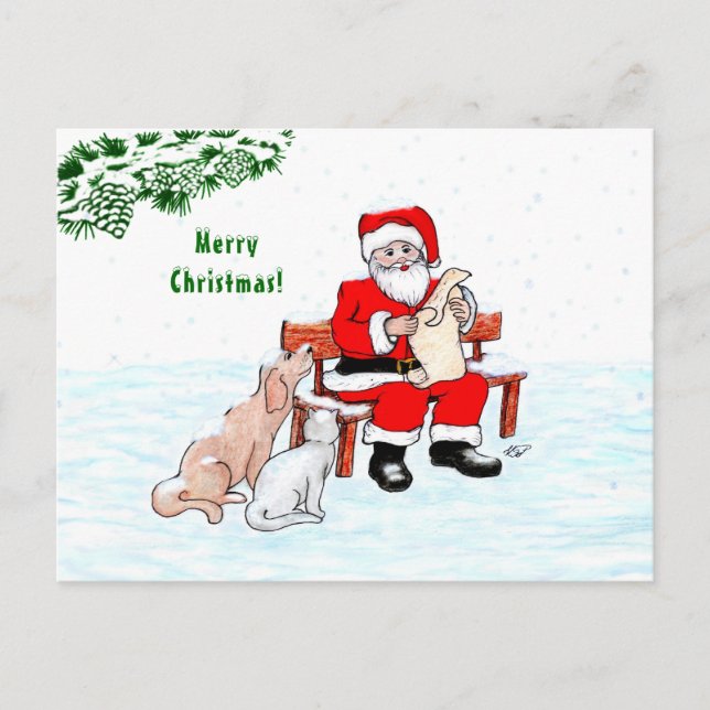 Merry Christmas! Santa Claus with Cat and Dog Postcard (Front)