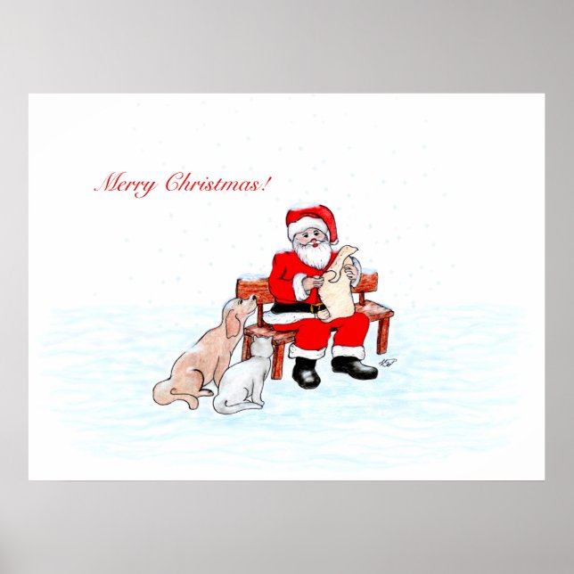 Merry Christmas - Santa Claus with Cat and Dog Poster (Front)