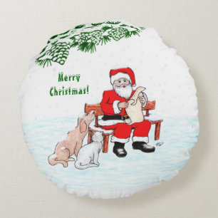 Merry Christmas! Santa Claus with Cat and Dog Round Cushion