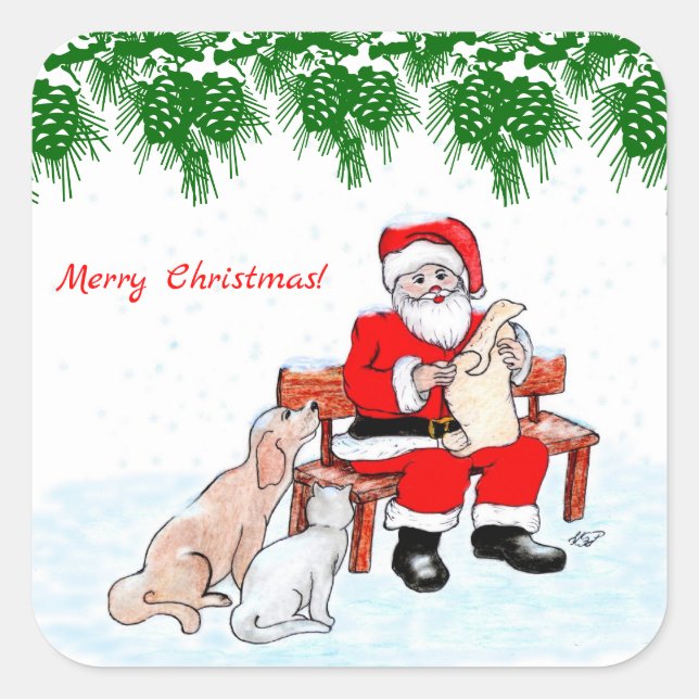 Merry Christmas - Santa Claus with Cat and Dog Square Sticker (Front)