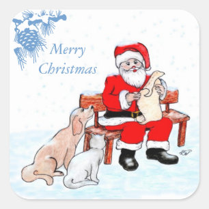 Merry Christmas - Santa Claus with Cat and Dog Square Sticker