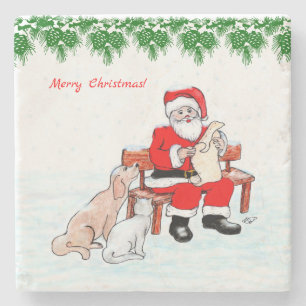 Merry Christmas - Santa Claus with Cat and Dog Stone Coaster