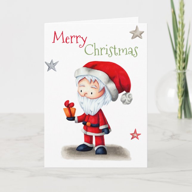 Merry Christmas Santa Claus with gift illustrated Holiday Card (Front)