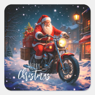 Merry Christmas Santa Clause On Motorcycle & Gifts Square Sticker