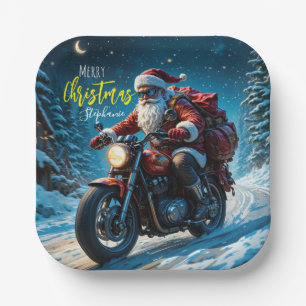 Merry Christmas Santa Clause On Motorcycle Paper Plate