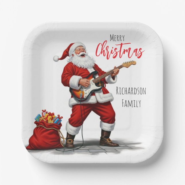 Merry Christmas Santa Clause Playing Guitar Paper Plate (Front)