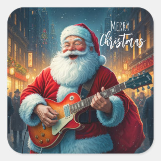 Merry Christmas Santa Clause Playing Guitar Square Sticker