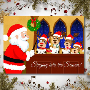 Merry Christmas Santa Directing Reindeer Singing Card