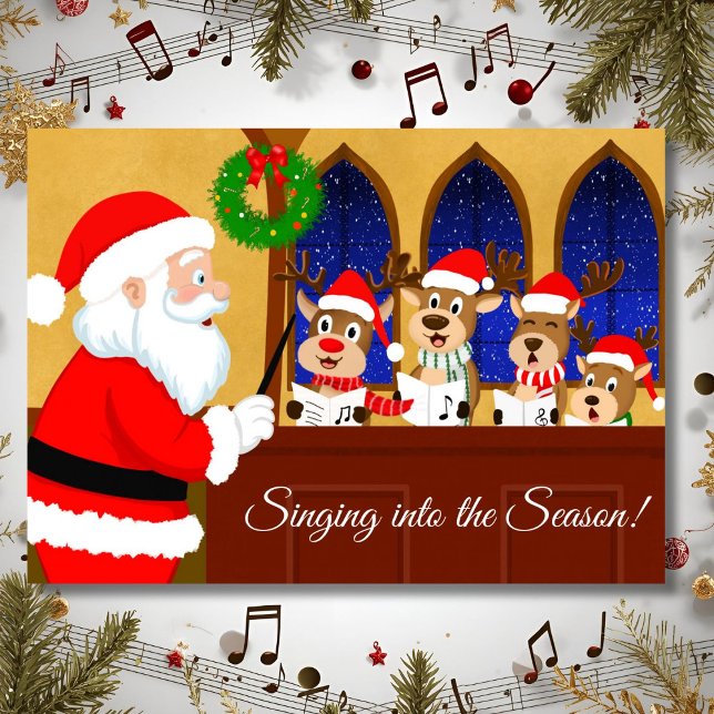 Merry Christmas Santa Directing Reindeer Singing Card (Creator Uploaded)