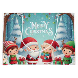 Merry Christmas/santa/elves snow Large Gift Bag