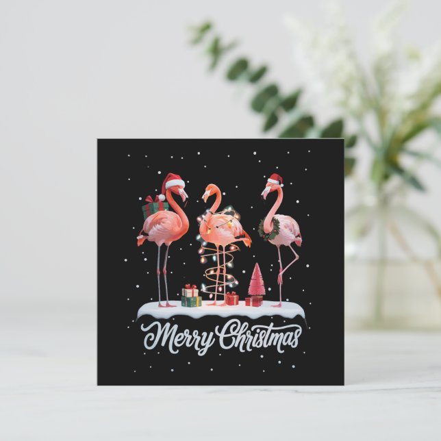 Merry Christmas Santa Flamingo Light Snow Xmas Holiday Card (Standing Front)
