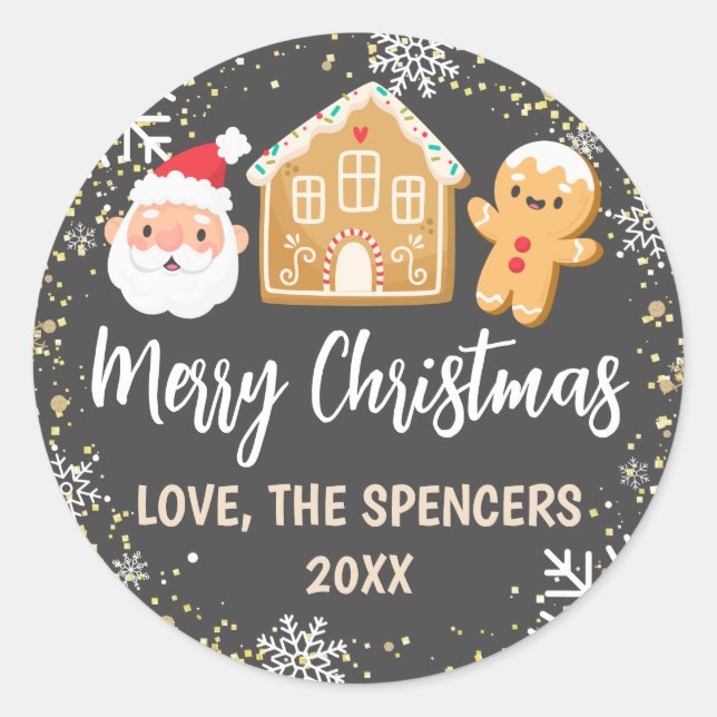 Merry Christmas Santa Gingerbread House Holiday Classic Round Sticker (Front)