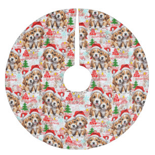 Merry Christmas Santa Hat Dog Puppy Design Black Brushed Polyester Tree Skirt