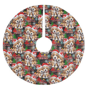 Merry Christmas Santa Hat Dog Puppy Design - Black Brushed Polyester Tree Skirt