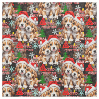 Merry Christmas Santa Hat Dog Puppy Design - Black Fabric