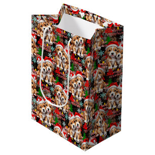 Merry Christmas Santa Hat Dog Puppy Design - Black Medium Gift Bag