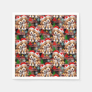 Merry Christmas Santa Hat Dog Puppy Design - Black Napkin