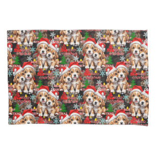 Merry Christmas Santa Hat Dog Puppy Design - Black Pillowcase