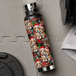 Merry Christmas Santa Hat Dog Puppy Design - Black Water Bottle