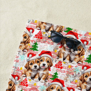 Merry Christmas Santa Hat Dog Puppy Design - White Beach Towel