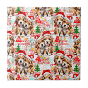 Merry Christmas Santa Hat Dog Puppy Design - White Ceramic Tile