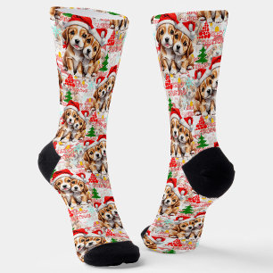 Merry Christmas Santa Hat Dog Puppy Design - White Socks
