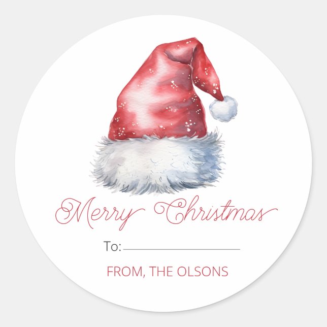 Merry Christmas Santa Hat Gift Tag Round Sticker (Front)