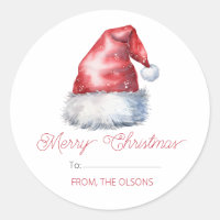 Merry Christmas Santa Hat Gift Tag Round Sticker