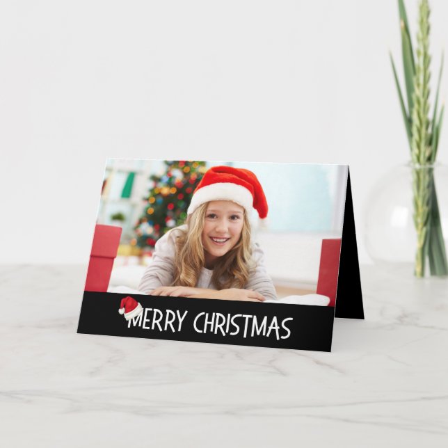 Merry Christmas Santa Hat on Black Custom Photo Holiday Card (Front)