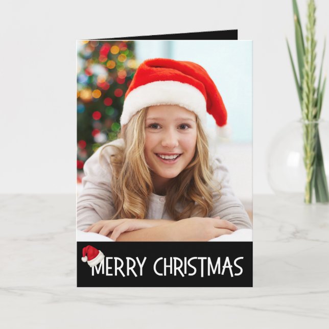 Merry Christmas Santa Hat on Black Photo Custom Holiday Card (Front)