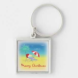 Merry Christmas, Santa Hat, Palm Tree, Beach Key Ring