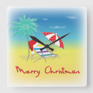 Merry Christmas, Santa Hat, Palm Tree, Beach Square Wall Clock