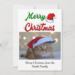 Merry Christmas Santa hat photo red green script  Holiday Card