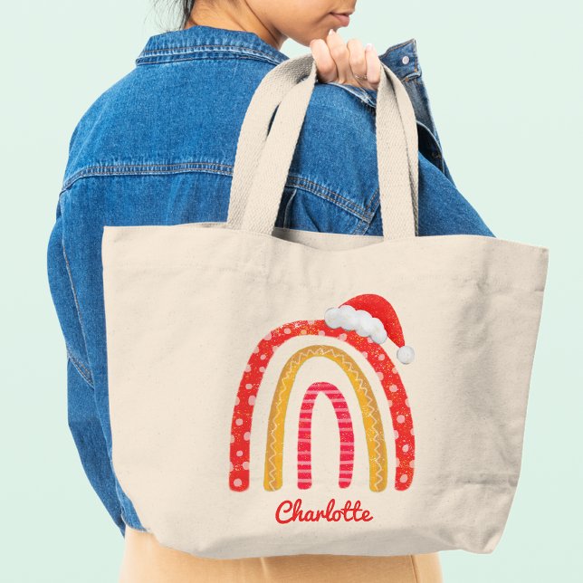 Merry Christmas Santa Hat Rainbow Personalised Tot Large Tote Bag (Creator Uploaded)