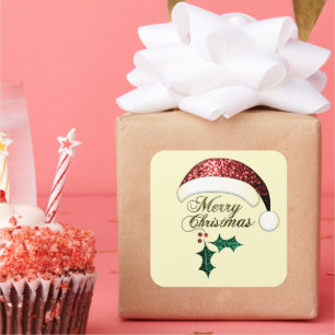 Merry Christmas Santa hat Red Gold Green Sparkles Square Sticker