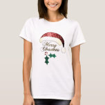 Merry Christmas Santa hat Red Gold Green Sparkles T-Shirt<br><div class="desc">Merry Christmas Santa hat Red Gold Green Sparkles T-Shirt. Red sparkles Santa hat covering gold Merry Christmas text and red and green holly twig.  Photo of sparkles,  not actual glitter.</div>