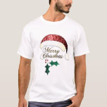 Merry Christmas Santa hat Red Gold Green Sparkles T-Shirt<br><div class="desc">PLdesign's Red sparkles Santa hat covering gold Merry Christmas text and red and green holly twig.  Photo of sparkles,  not actual glitter.</div>