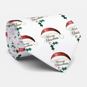 Merry Christmas Santa hat Red Gold Green Sparkles Tie