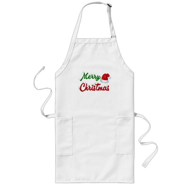 Merry Christmas Santa Hat red green script Long Apron (Front)