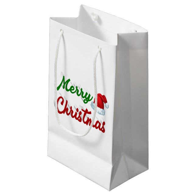 Merry Christmas Santa Hat red green script Small Gift Bag (Front Angled)