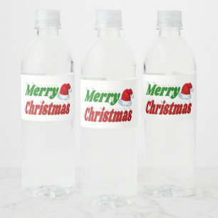 Merry Christmas Santa Hat red green typography Water Bottle Label