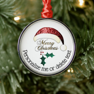 Merry Christmas Santa hat Sparkles Custom text Metal Ornament