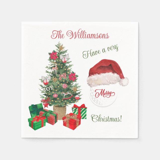 Merry Christmas Santa Hat Tree Golf Ball Name Napkin (Front)