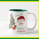 Merry Christmas Santa Hat Tree Golf Ball Name  Two-Tone Coffee Mug<br><div class="desc">This unique golf ball coffee mug is special as a fun gift for the golfer -- Have a very Merry Christmas; Red Santa hat sitting on the golf ball and personalised additionally with their first name. If you have any design questions or a special request, please send an email to:...</div>