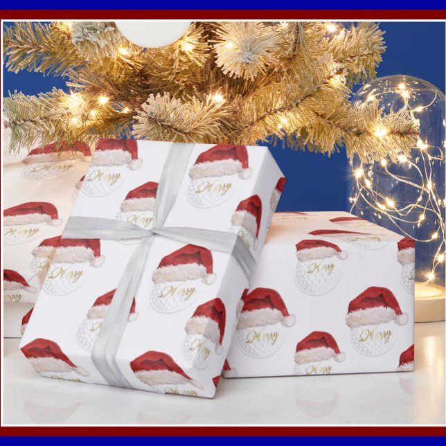 Merry Christmas Santa Hat Tree Golf Ball Name Wrapping Paper (Creator Uploaded)