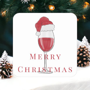 Merry Christmas Santa Hat Wine Glass Square Paper Coaster