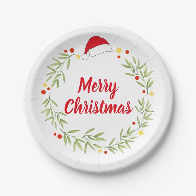 Merry Christmas Santa Hat Wreath Party Paper Plate (Front)