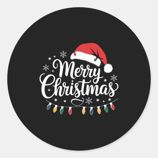 Merry Christmas Santa Hat Xmas Lights Red Family M Classic Round Sticker (Front)